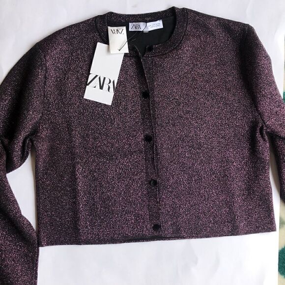 Zara Metallic Deep Red Merlot  Shimmer Cardigan size S - Picture 10 of 15